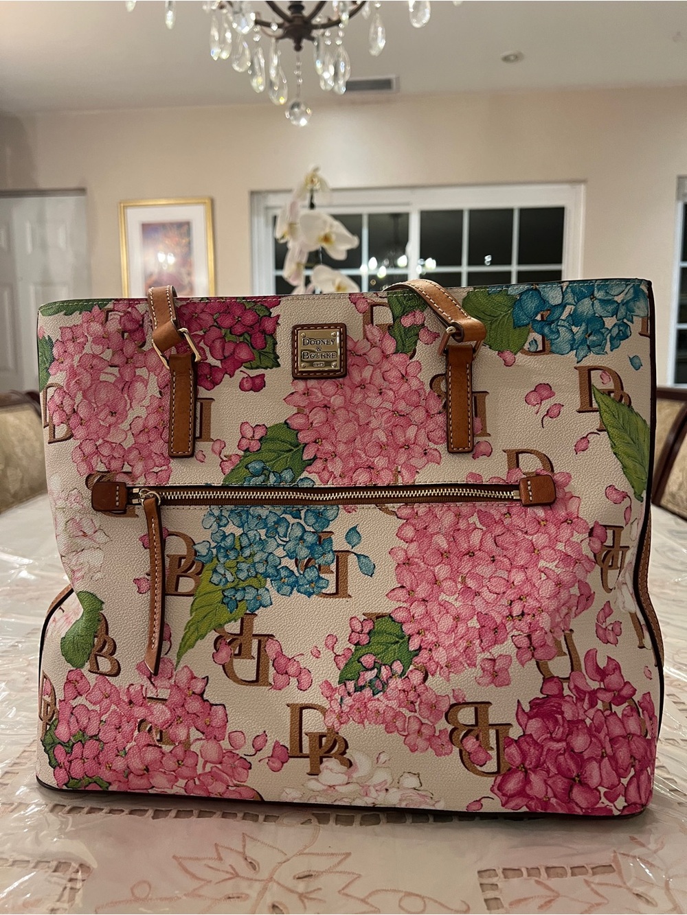 Dooney & Bourke Hydrangea Floral Tote | Pink Blue DB Logo Spring Garden Bag - Picture 1 of 11
